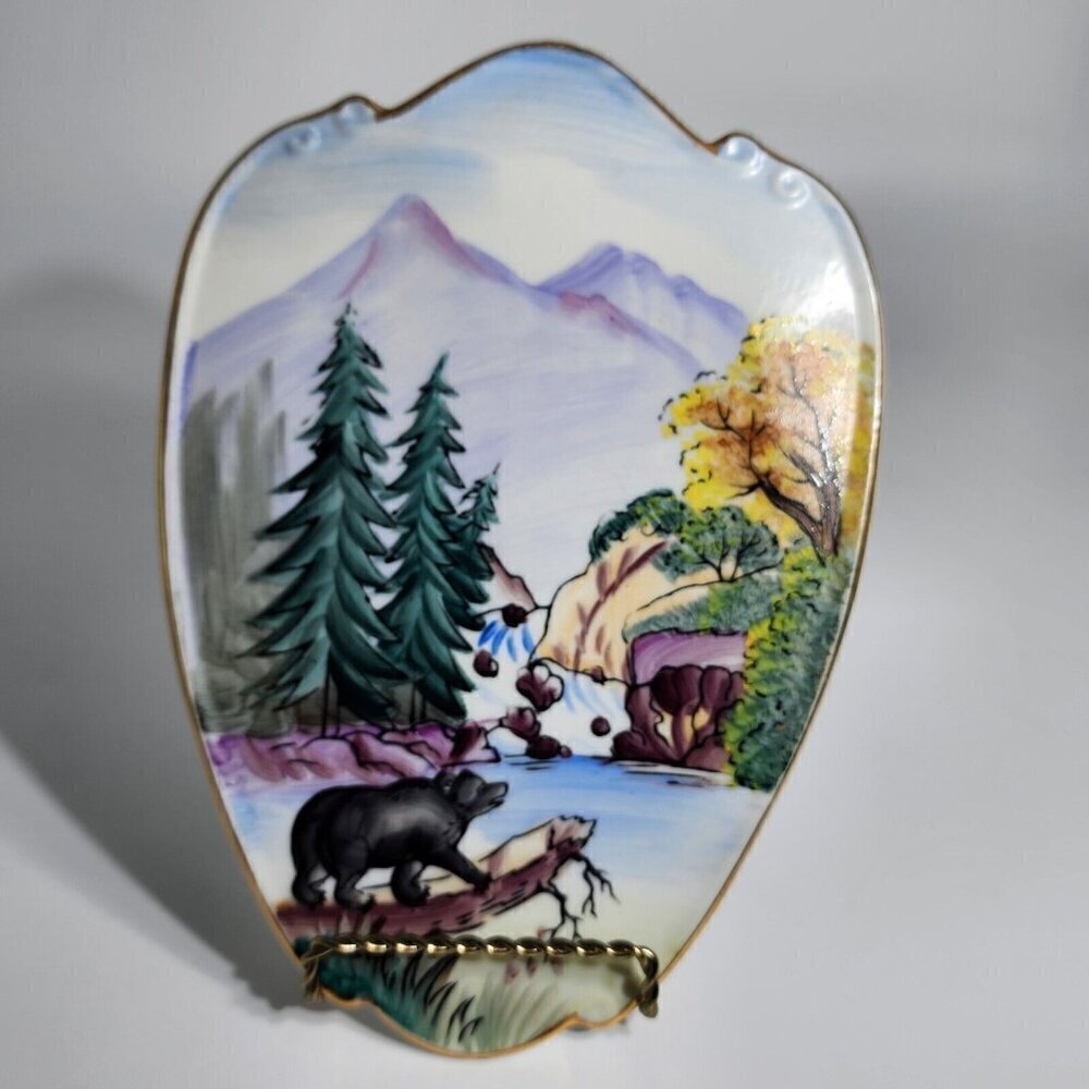 Lefton Porcelain Bear Outdoor Scene Hand Painted Free Stand Plaque 588 Vintage